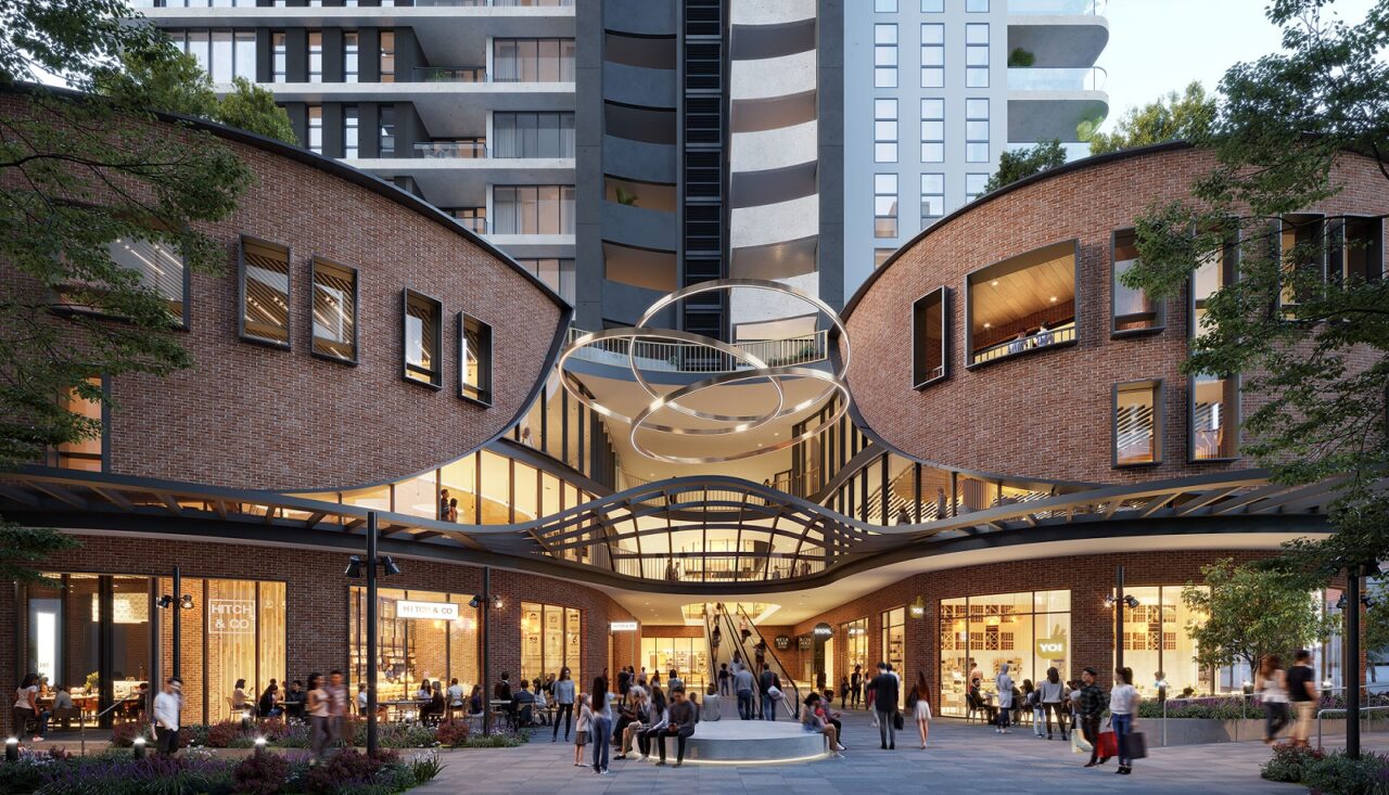 An artist's rendering of a shopping mall with people walking around.