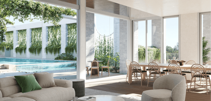 A rendering of a living room with large windows and a swimming pool.