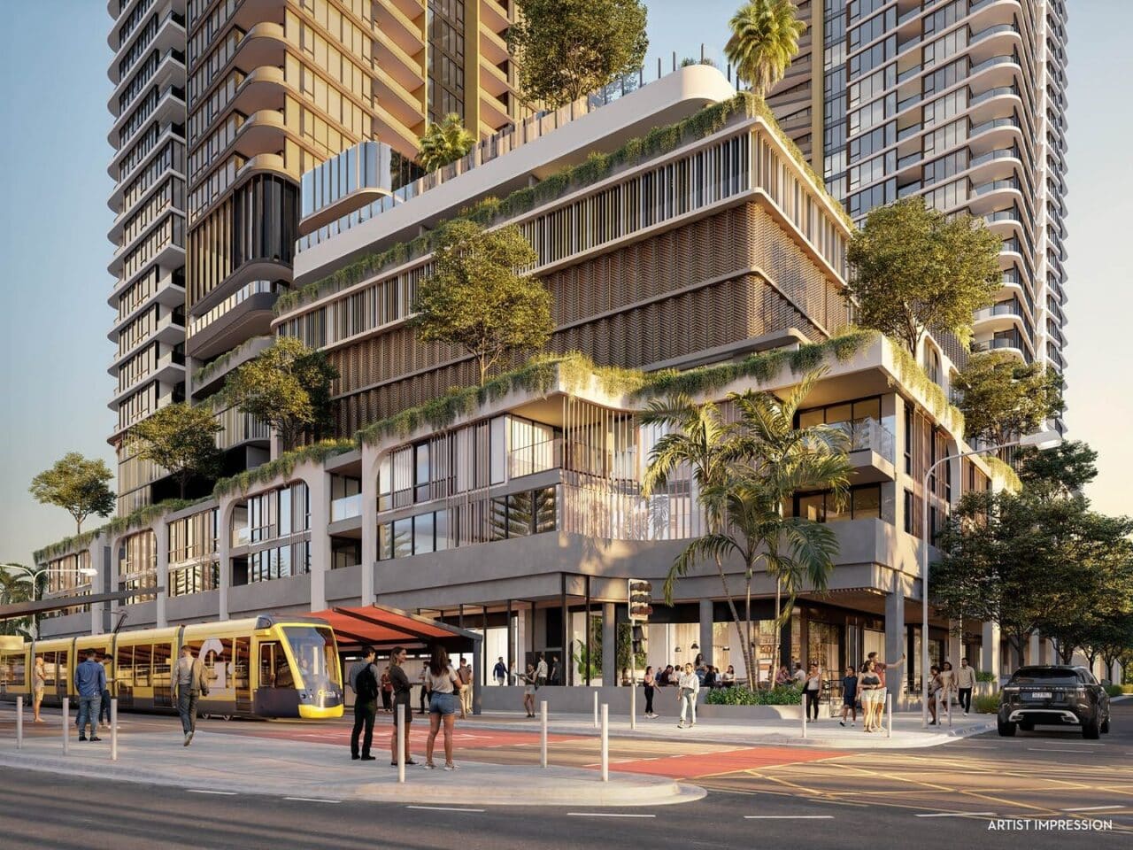 Modern urban development in QLD features tall buildings, street-level shops, and a yellow tram. Amidst the bustle, cypress palms add a natural touch as people stroll along the sidewalk, enjoying greenery integrated into the architecture.